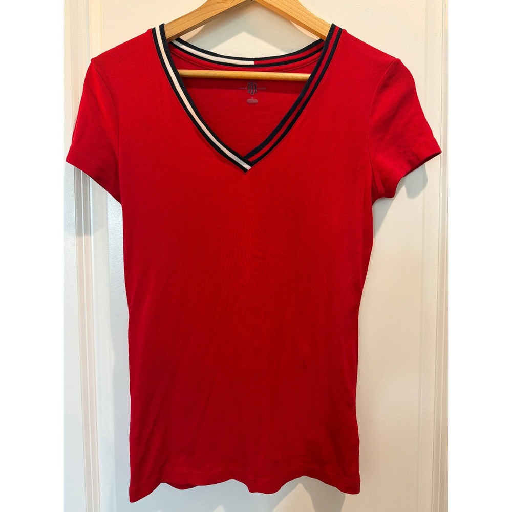 Tommy Hilfiger Red V-Neck T-Shirt Women Small Striped Trim Y2K Preppy Cotton